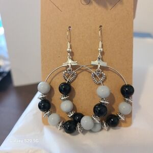 Hoop Earrings Grey Black‎ Beaded Silver Heart Dangle Drop Fashion Jewelry